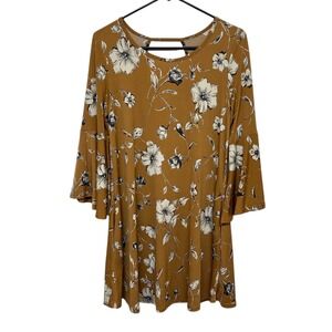 Entro Brown Floral Bell Sleeve Swing Dress S/M Cutout Back Fall Cottagecore Boho
